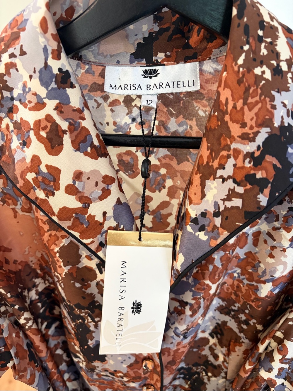 NWT 100% Silk Marisa Baratelli Brown Abstract Print Tie-Waist Blouse - Picture 3 of 5